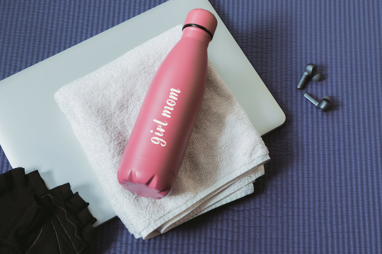 Pink water bottle with text